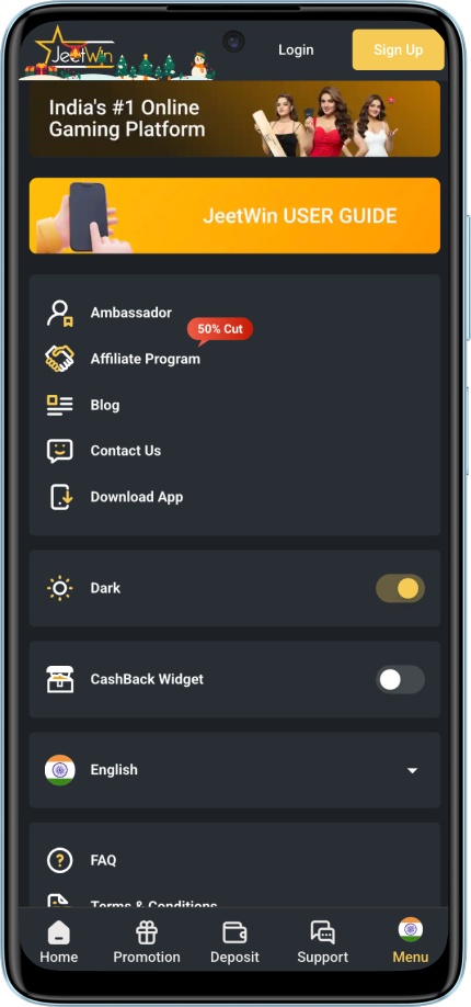 jeetwin menu page